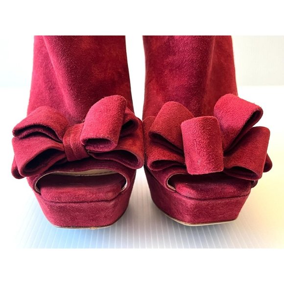 Miu Miu Red Suede Peep Toe Heels w/ Bows, Size 38.5 (IT), 8.5 (US) - Picture 4 of 10